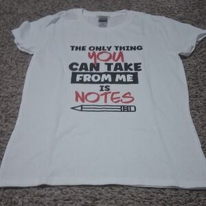 Gildan White Graphic Tee with Red and Black Text